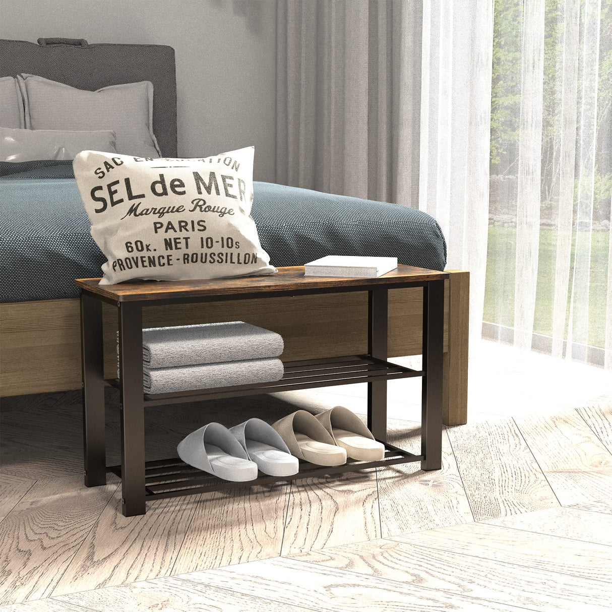 Simple Houseware Wood Top Shoe Storage Bench for Entryway, Rustic Brown Simple Houseware