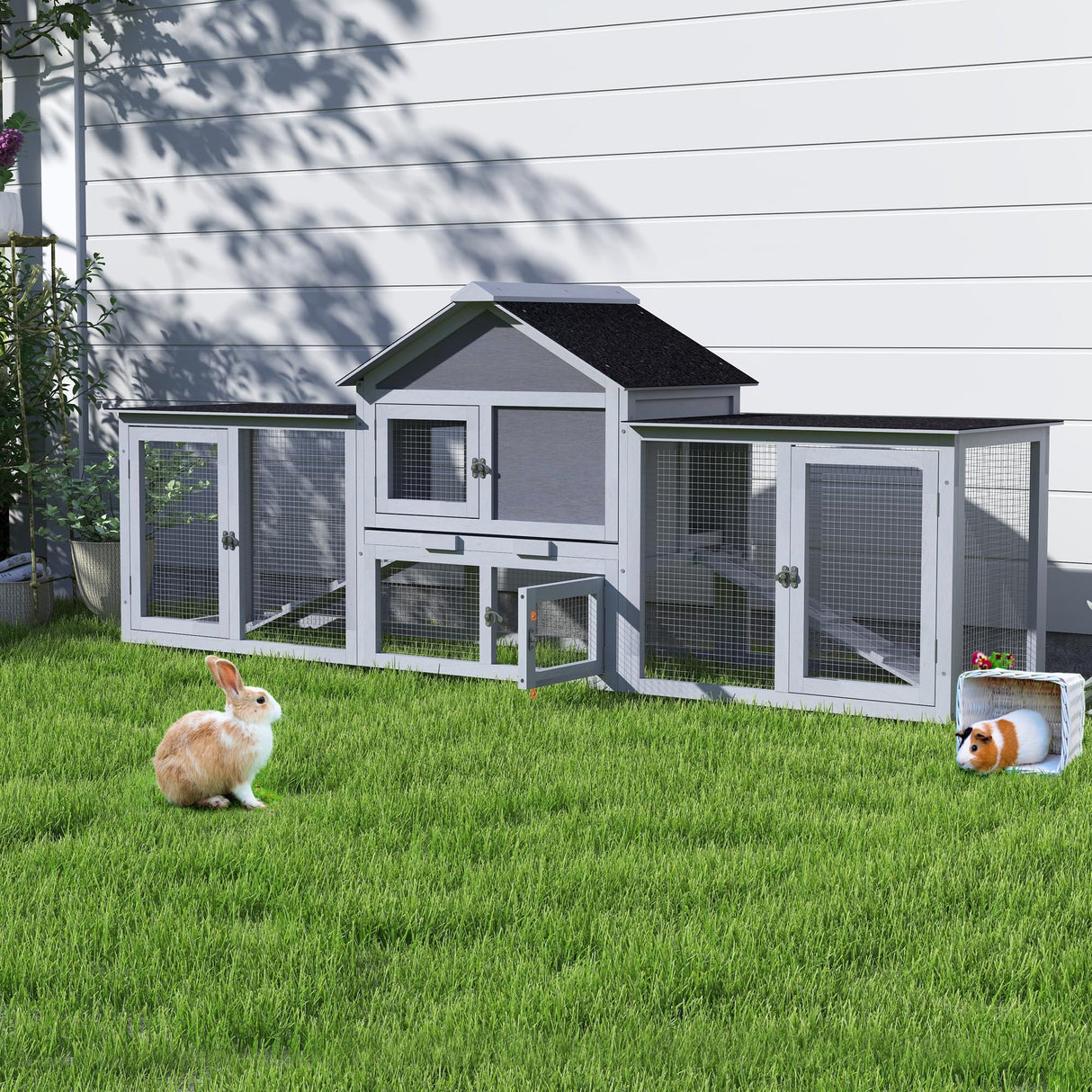 82.5” Large Wooden Rabbit Hutch Outdoor Easy to Assemble Rabbit Cage and Durable Bunny Hutch Indoor with Cleaning Tray & Waterproof Roof for Small and Medium Bunny Rabbit Chick (Grey) Nyeekoy