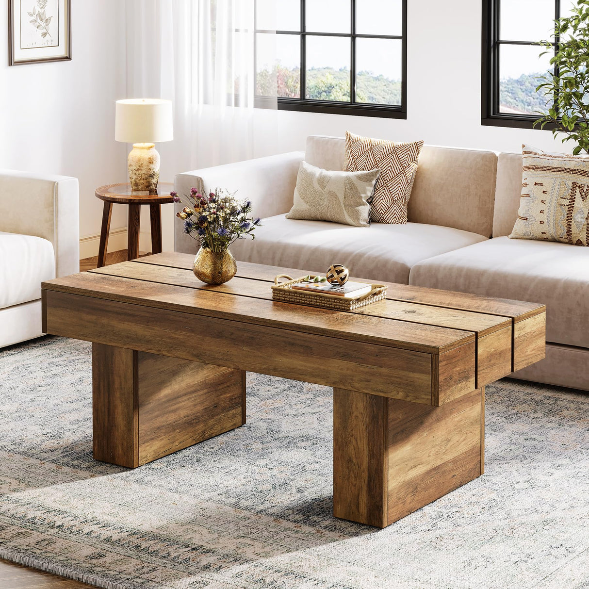Tribesigns Rectangle Coffee Table, 47.24" Farmhouse Center Table with Slat Tabletop & Thick Base, Rustic Wooden Cocktail Tea Table for Living Room Apartment, Brown Tribesigns