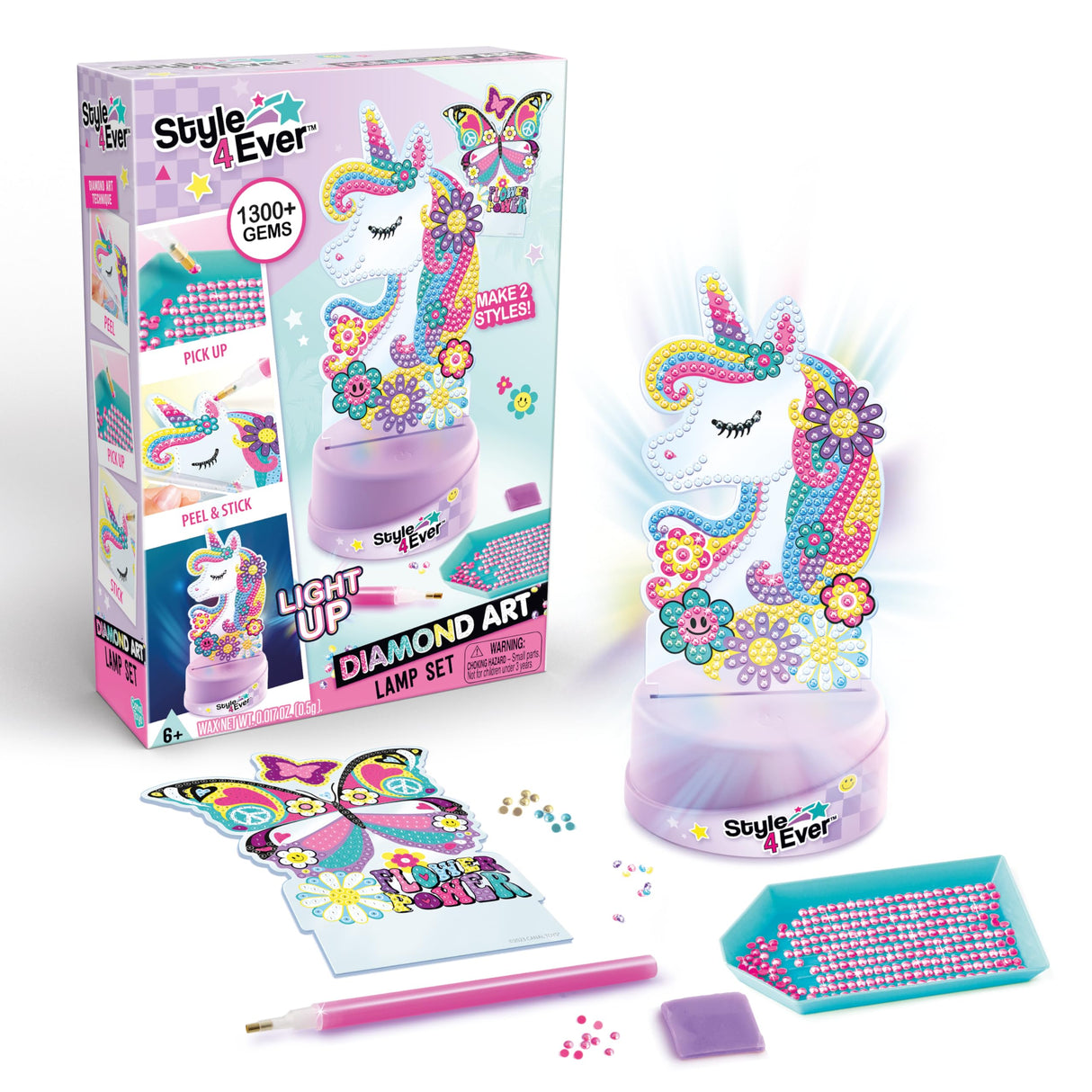 Canal Toys Style 4 Ever Diamond Art Unicorn or Butterfly Lamp Set. Bead up The Unicorn and Butterfly, Then swap Out on The Light up Base. Age 6+ Canal Toys