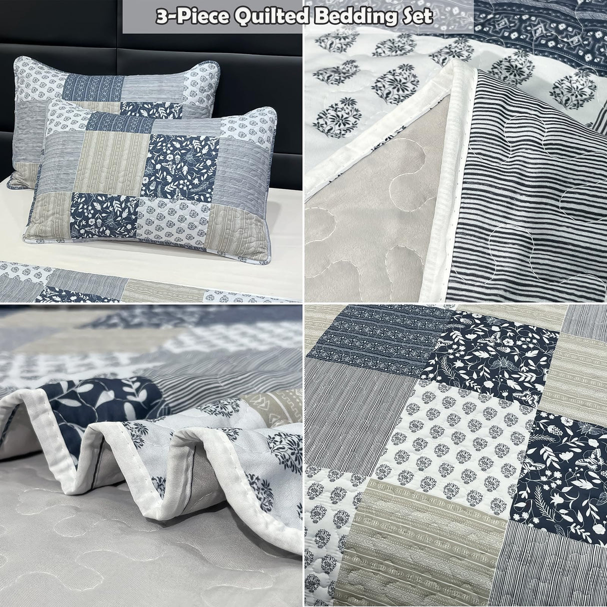 Navy Blue Gray Oversized King Bedspread Set 128x120 Extra Wide, 3 Piece Quilt Set Patchwork Plaid Bedding Set Quilted Bedspread Coverlet Set Reversible Lightweight Microfiber Bed Cover Comforter Set Cozyholy