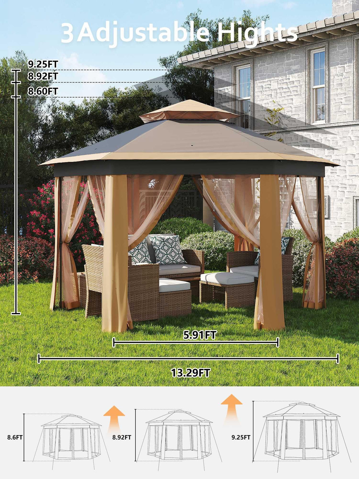 Pop Up Gazebo 13x13Ft, Outside Canopy Tent with 6 Pcs Mosquito Netting, One Push Setup for Backyard Patio Garden Activities - Khaki & Beige Garveelife