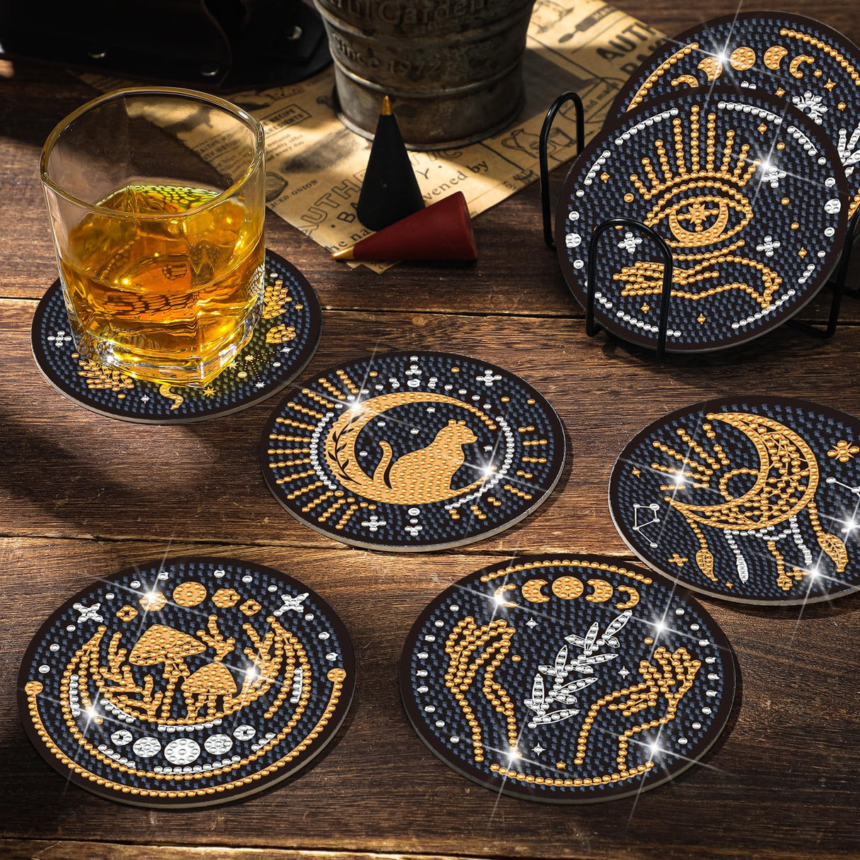 Xuhal 12 Pcs Tarot Diamond Painting Coasters Kits DIY Tarot Diamond Art Coasters with Holder DIY Drinks for Adults Craft Supplies Art Gift, 12 Styles Xuhal