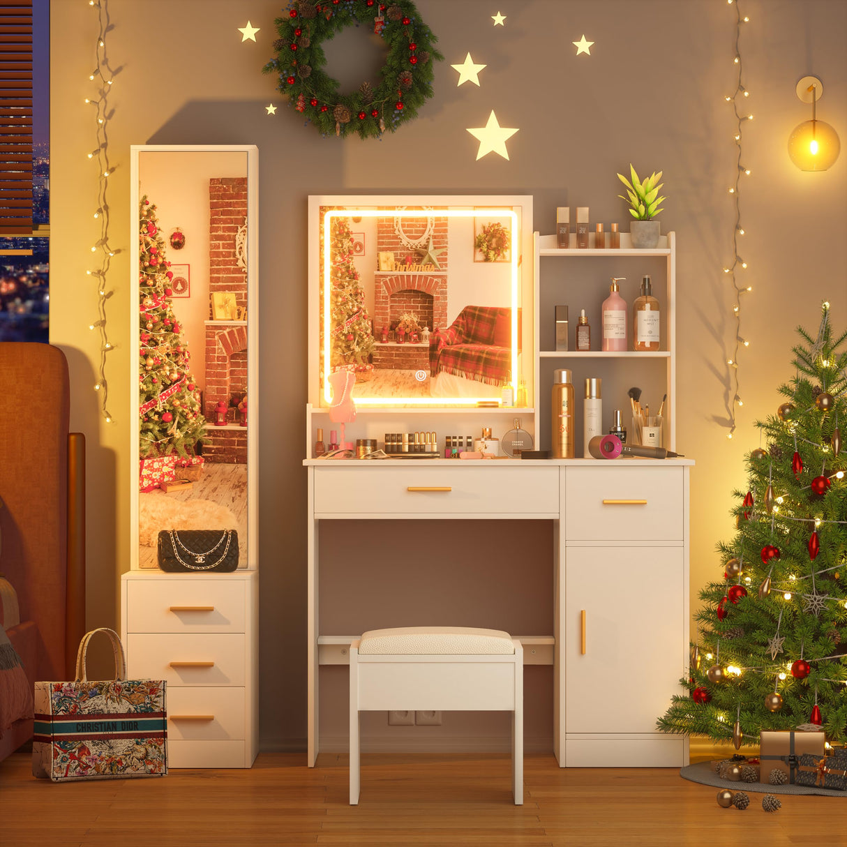 INTERGREAT Makeup Vanity Desk with Lights and Full-Length Mirror, White Vanity Table Set with 3 Lighting Modes, Dressing Table with Drawers, Large Vanity Desk for Women and Girls' Bedroom INTERGREAT