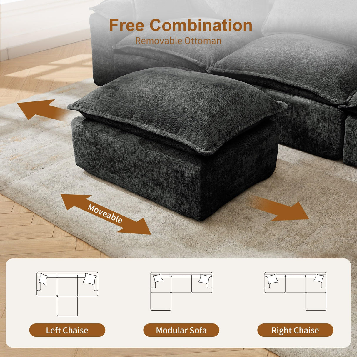 Korser 122" Sectional Couches for Living Room, Modular Boneless Couch with Deep Seat & Fluffy Cushion, Cozy Double-Layer Cushioned Sofa with Convertible Ottoman, Comfy Cloud Sofa, No Assembly Required Korser