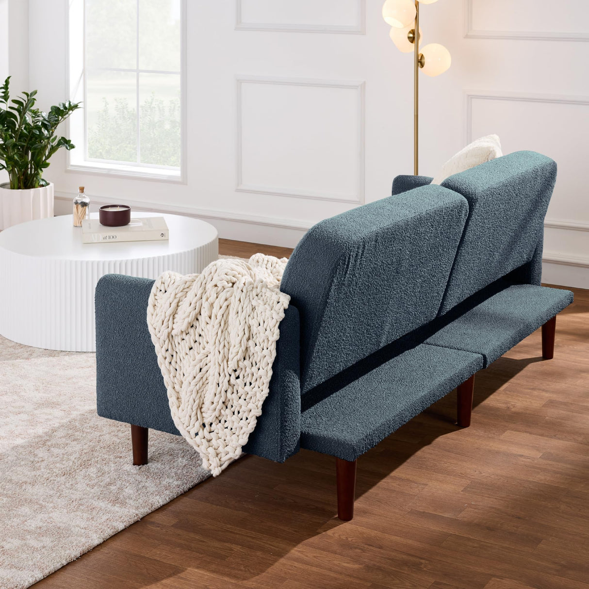 Best Choice Products 77" Mid Century Modern Boucle Loveseat Sofa, Couch, Convertible Sofa Sleeper Bed w/Real Wood, Removable Armrest - Slate Blue Best Choice Products