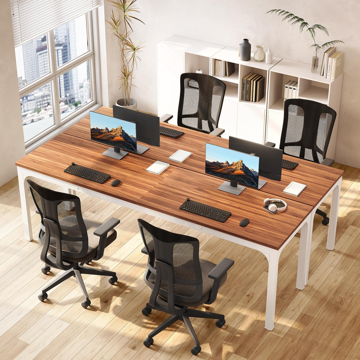 LITTLE TREE 78.7-Inch Ultra Long Double Desk, Writing Gaming Work Computer Two-Person Desk for Home Office, Walnut + White LITTLE TREE