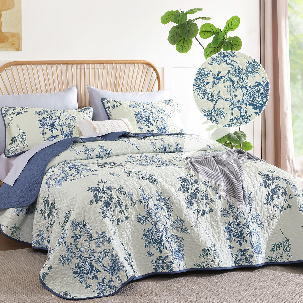 WONGS BEDDING Blue Floral Quilt Set King,Botanical Leaf & Butterfly Pattern Bedspread Coverlet Set,Soft Beautiful Farmhouse Plants Quilts Bedding Set for All Seasons(104"×90") WONGS BEDDING
