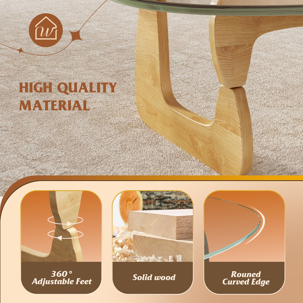 WLIVE Coffee Table, Small Glass Coffee Table with Solid Wood Legs, 32.7" Mid Century Triangle Living Room Tables, Modern Center Table for Small Spaces Living Room, Reception, Office, Natural WLIVE