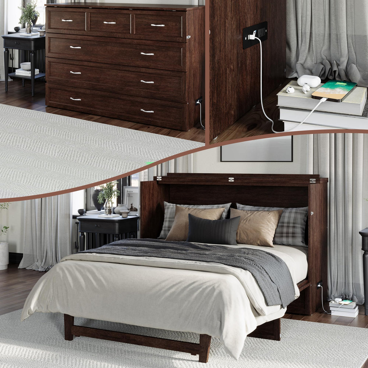 AFI, Northfield Murphy Bed Chest Queen with 6" Mattress, Storage Drawer & Built-in USB Charger, Burnt Amber AFI