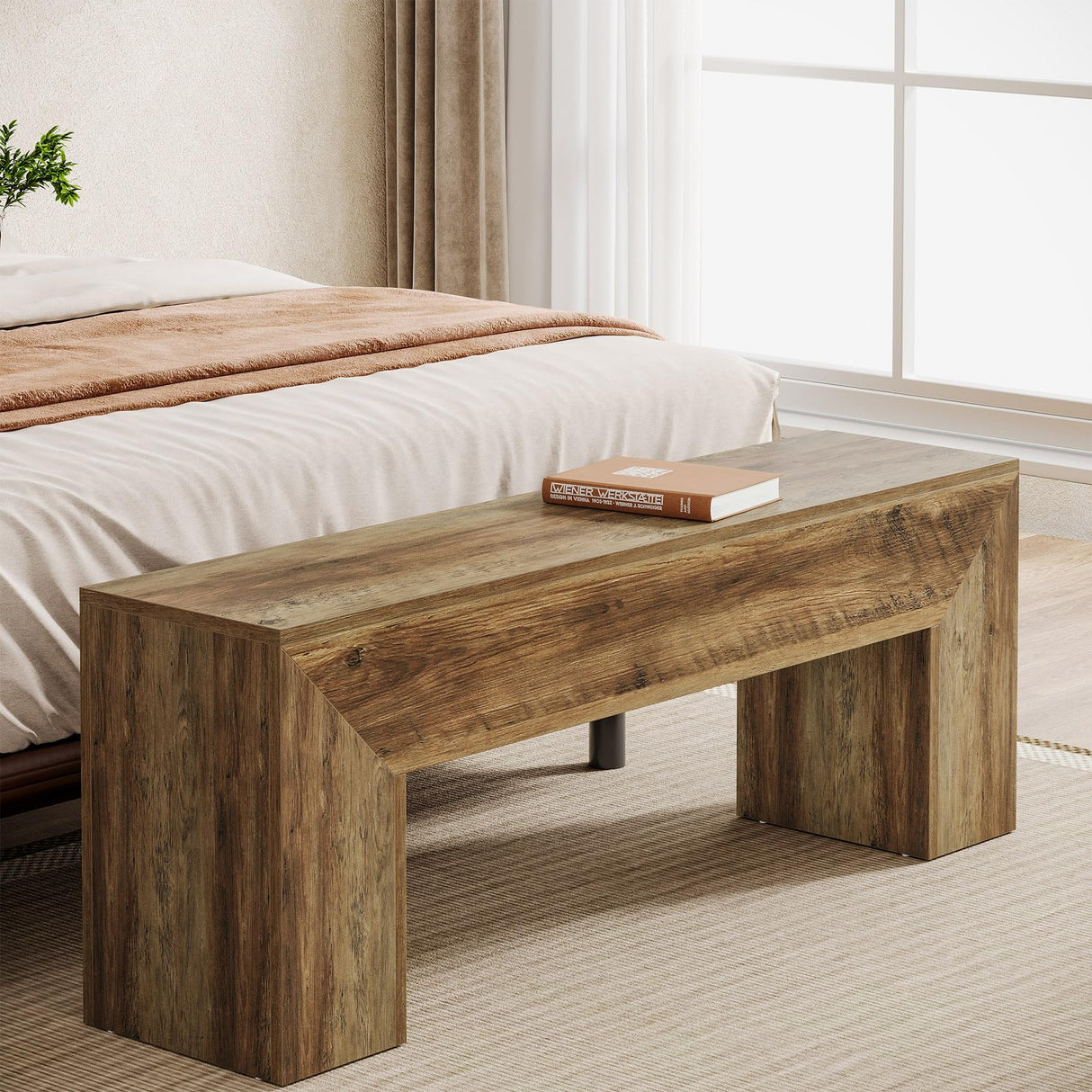 Tribesigns 47'' Wooden Entryway Bench, Farmhouse Entry Bench Seat, Indoor End of Bed Bench with Storage Capability for Living Room, Bedroom, Hallway, Easy Assembly, Oak Brown Tribesigns