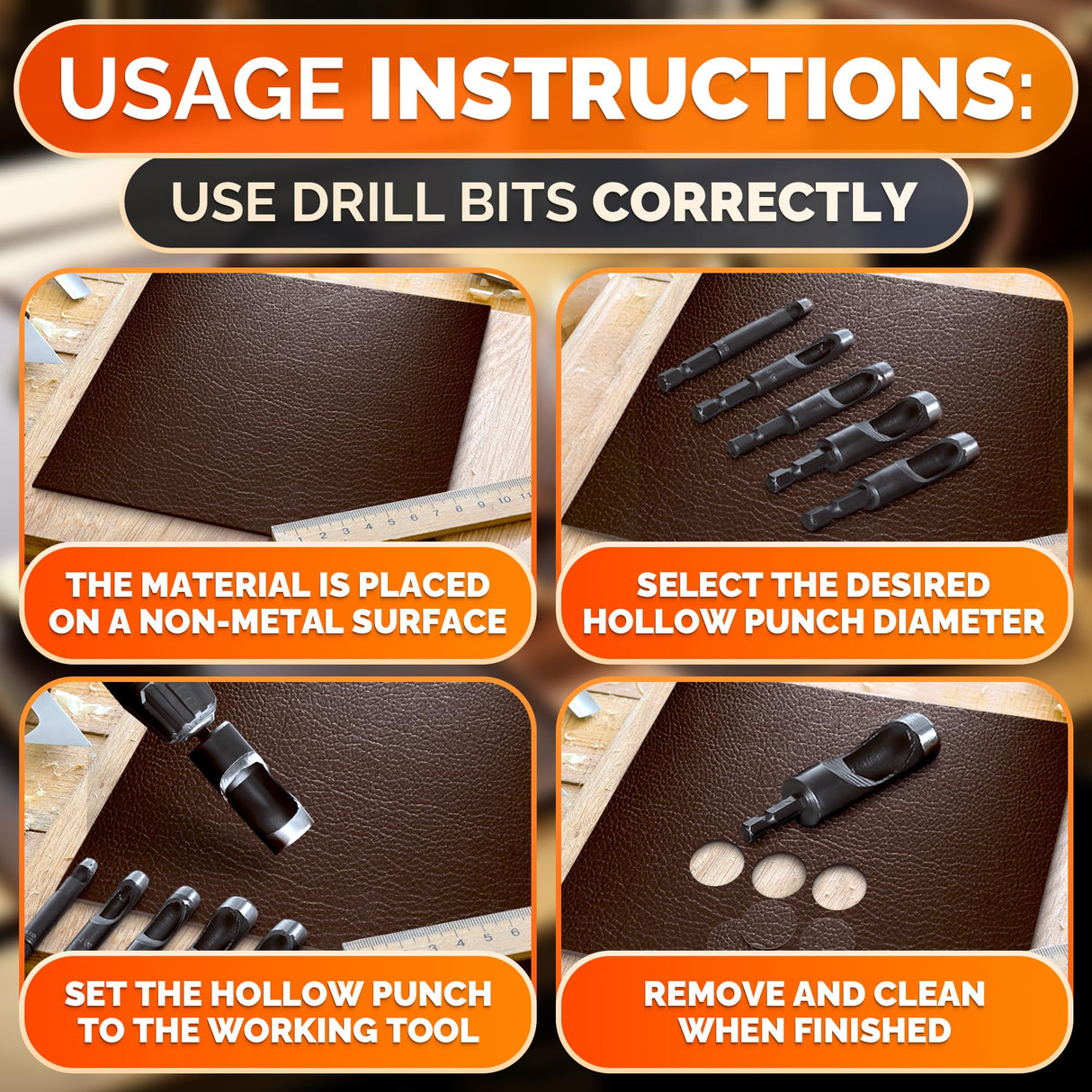 Leather Hole Punch Tool Set - 6 Pcs Drill Bits 3/16" 1/4" 5/16" 3/8" 7/16" 1/2" - High-Precision Leather Punch Tool for Belts, Fabric, and Crafts - Durable Carbon Steel, Sharp and Efficient LIBERHAUS