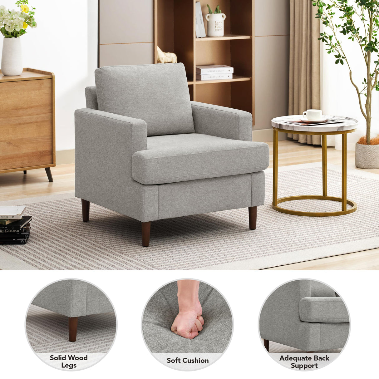 Weture Mid-Century Accent Chair,Modern Linen Fabric Armchair for Living Room,Comfy Upholstered Reading Accent Chairs for Bedroom,Single Sofa Chair with Wood Legs (Light Grey, 1 Pack) Weture