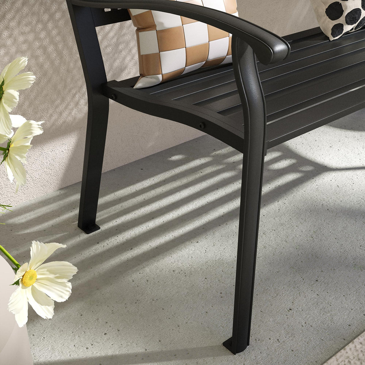 VICLLAX 50” Outdoor Garden Bench with Armrests and Backrest, Waterproof Patio Metal Bench for Park, Porch, Backyard, Round Pattern Back VICLLAX