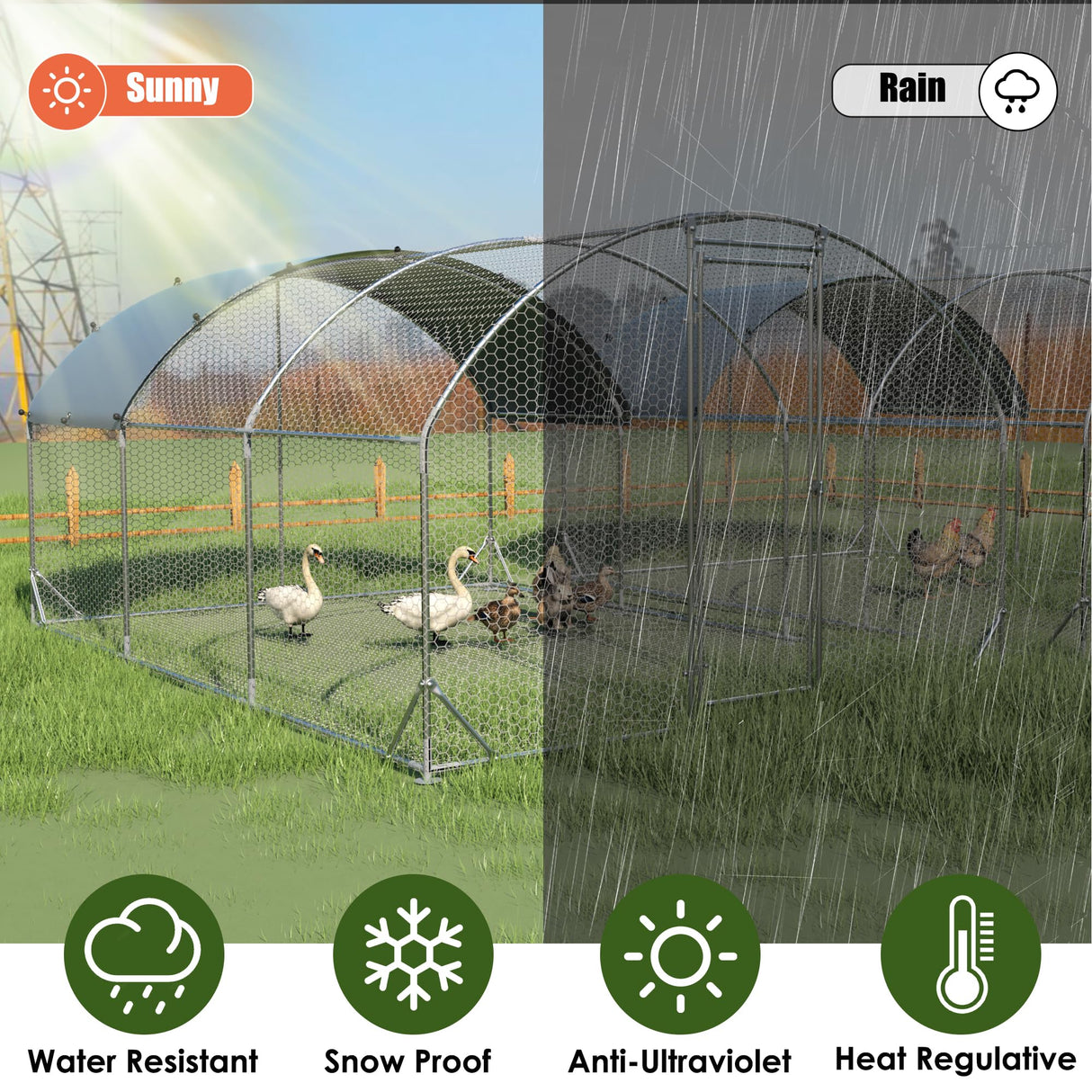 Chicken Coop Metal Large Chicken Coop with Run for Yard Chicken Pen Heavy Duty Poultry Cage with Waterproof Anti-UV Cover for Outdoor Farm Use Dome Roof Hen House Duck Rabbit Cage with Security Lock kejector