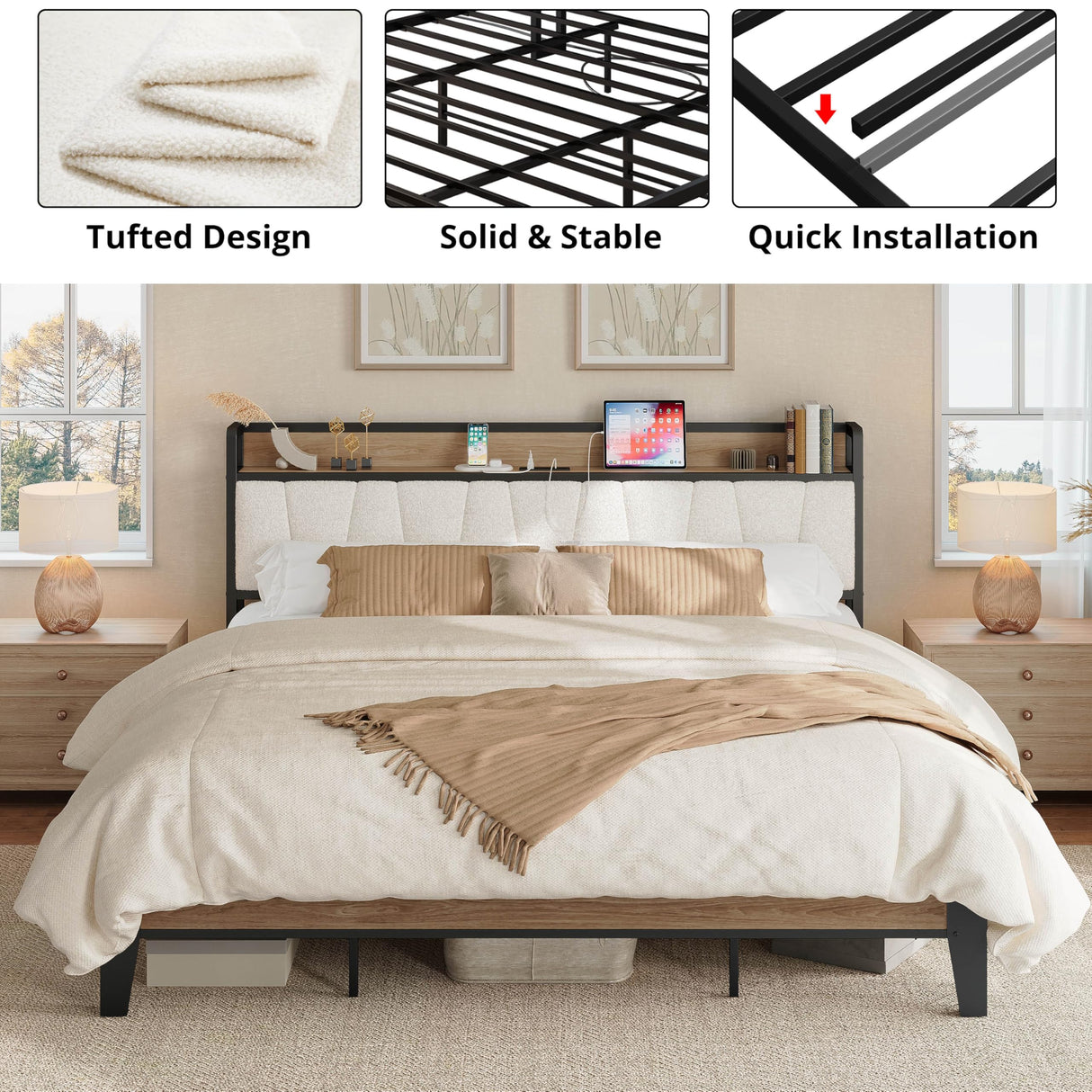 LIKIMIO King Bed Frames, Storage Headboard with Charging Station, Solid and Stable, Noise Free, No Box Spring Needed, Easy Assembly, Wood and Cream LIKIMIO