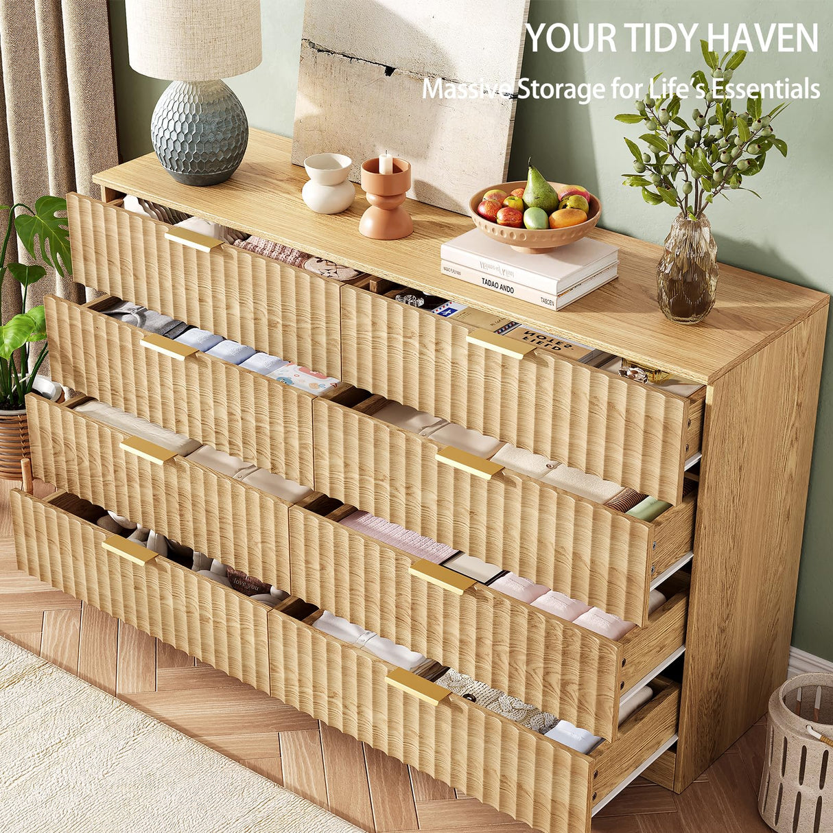NDOHCUO Fluted 8 Drawer Dresser for Bedroom,47.2''W Modern Dresser for Closet with Metal Handle, Wooden Chest of Drawers for Bedroom, Living Room, Hallway, Natural NDOHCUO