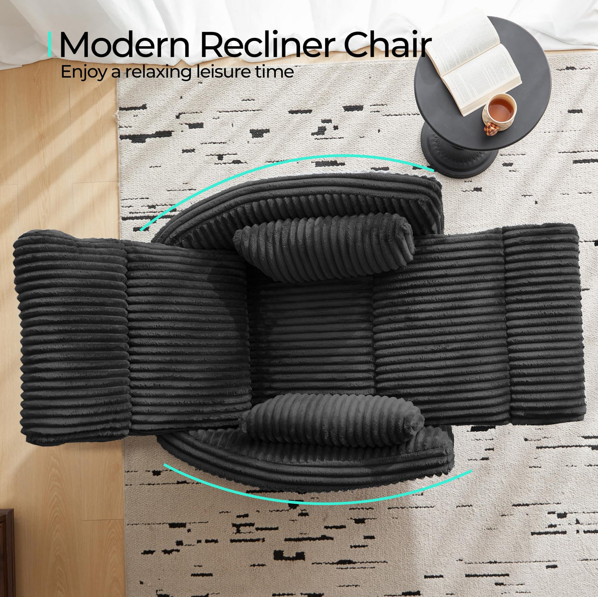 LINSY 360 Swivel Recliner Chair - Corduroy Nursery Glider Rocking Chair with 2 Pillows, Comfy High Back Adult Recliner for Small Spaces, Nursery Bedroom Living Room Reclining (Black) LINSY