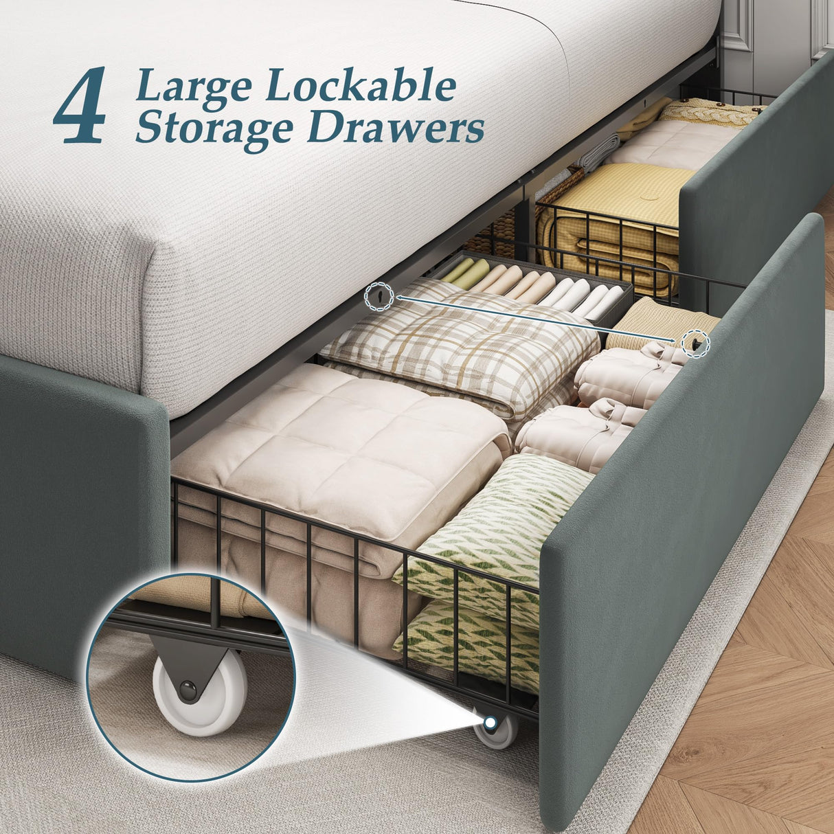 Lifezone Queen Bed Frame with Storage Drawers, Queen Size Platform Bed Frame with Velvet Upholstered Headboard, Metal Support, No Box Spring Needed, Noise-Free, Easy Assembly, Bedroom Furniture, Grey Lifezone