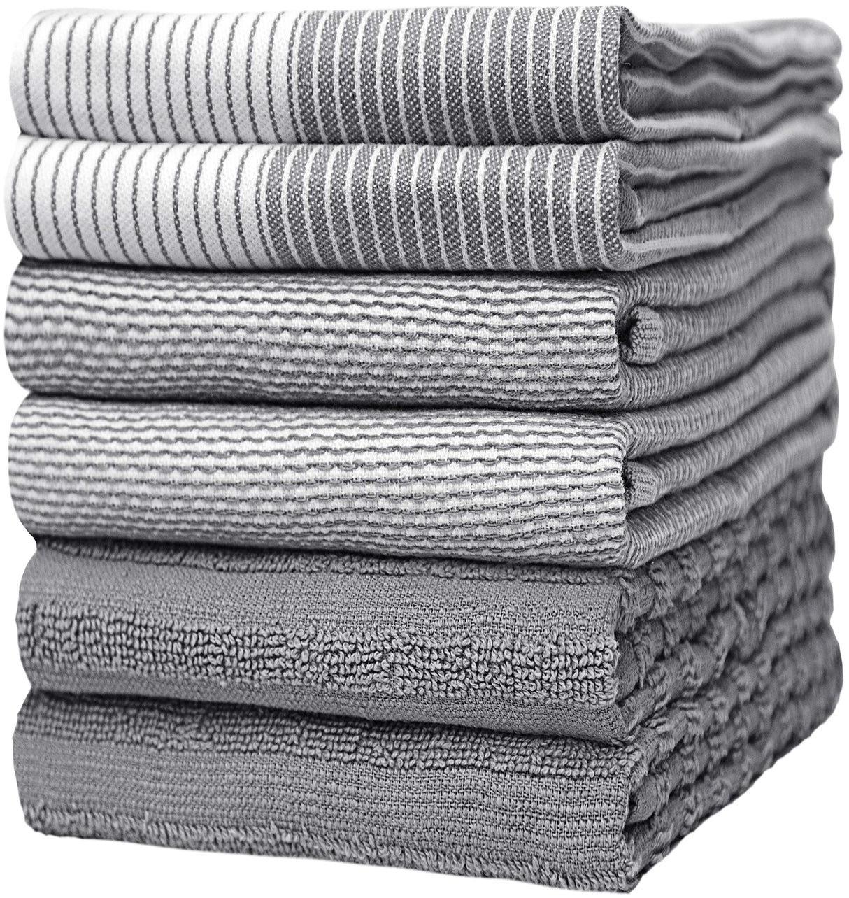 Premium Kitchen Towels (20”x 28”, 6 Pack) | Large Cotton Kitchen Hand Towel | Flat & Terry Dish Cloths | Highly Absorbent Tea Towels Set with Hanging Loop | Gray Bumble Towels