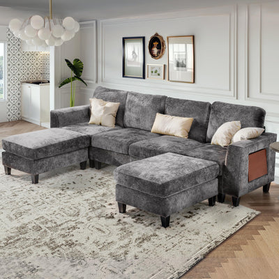 COLAMY 118" U-Shaped Sectional Couch, 4-Seat Modular Sofa with 2 Ottomans and Foldable Side Table, Grey for Living Room