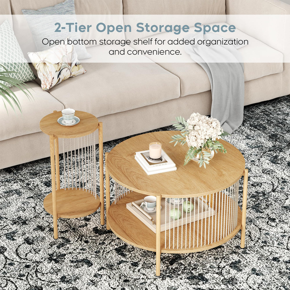 Yechen 3-Piece Boho Coffee Table Set with Hand-Woven Natural Rope, 2 Tier Wooden Round Coffee Table and End Table Sets with Metal Frame, Side Table with Storage for Living Room, Bedroom Yechen