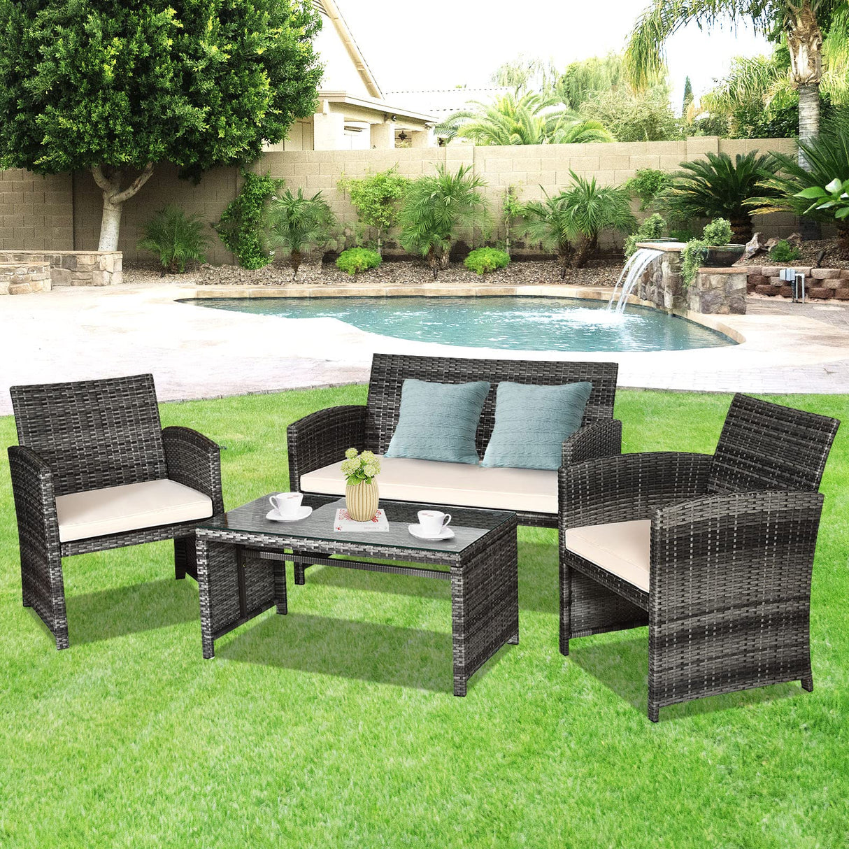 Goplus 4-Piece Rattan Patio Furniture Set, Outdoor Wicker Conversation Sofa with Weather Resistant Cushions and Tempered Glass Tabletop for Lawn Backyard Pool Garden (Beige) Goplus