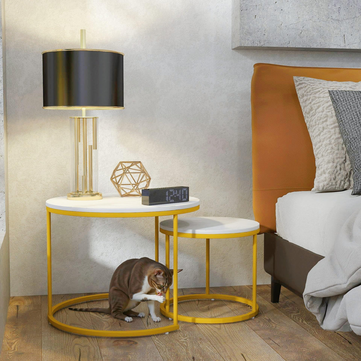 Round Nesting Coffee Tables Set: White Gold Marble Nesting Coffee Table Set of 2 - Modern Metal Stacking Side Table for Living Room Small Spaces Paradmas