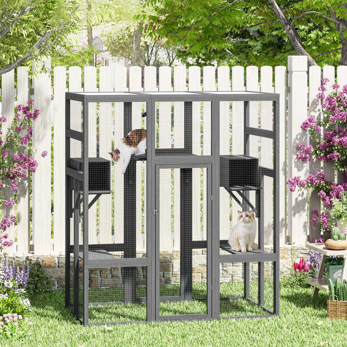 coivvovv Large Cat House Outdoor Catio - Cat Play & Run Enclosures Indoor Kitty Window Cage with Waterproof Roof, 7 Platforms & 2 Resting Box, UV Resistant, 62.4" L x 32.4" W x 70.1" H, Grey cozivvovv