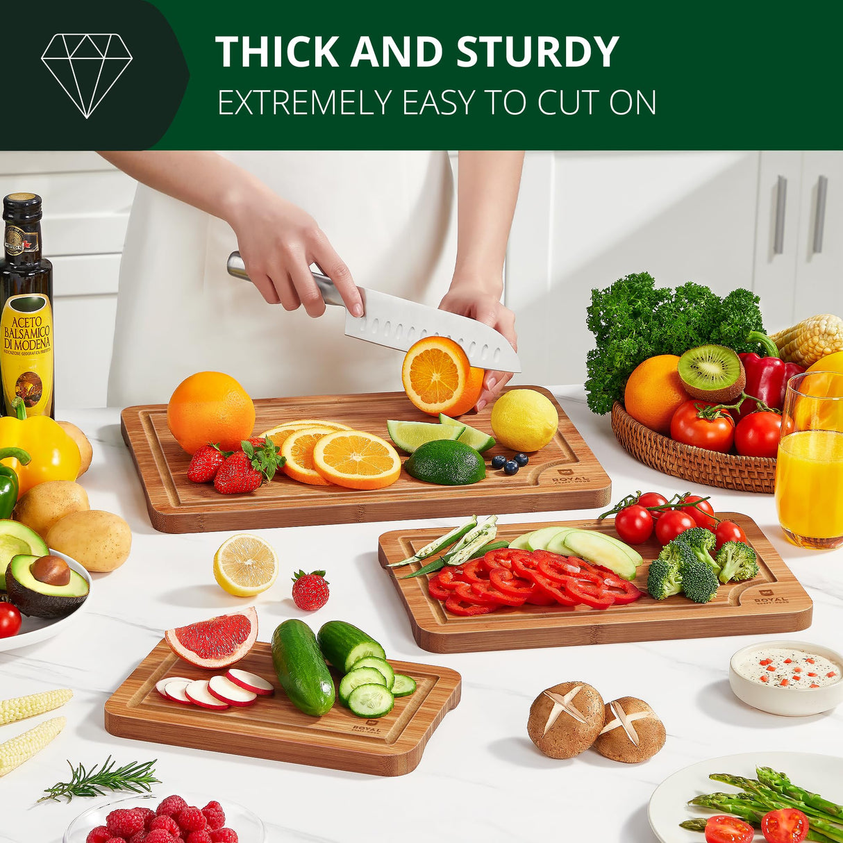 ROYAL CRAFT WOOD Wooden Cutting Boards for Kitchen Meal Prep & Serving - Bamboo Wood Serving Board Set with Deep Juice Groove Side Handles - Charcuterie & Chopping Butcher Block for Meat (3 Pcs) ROYAL CRAFT WOOD