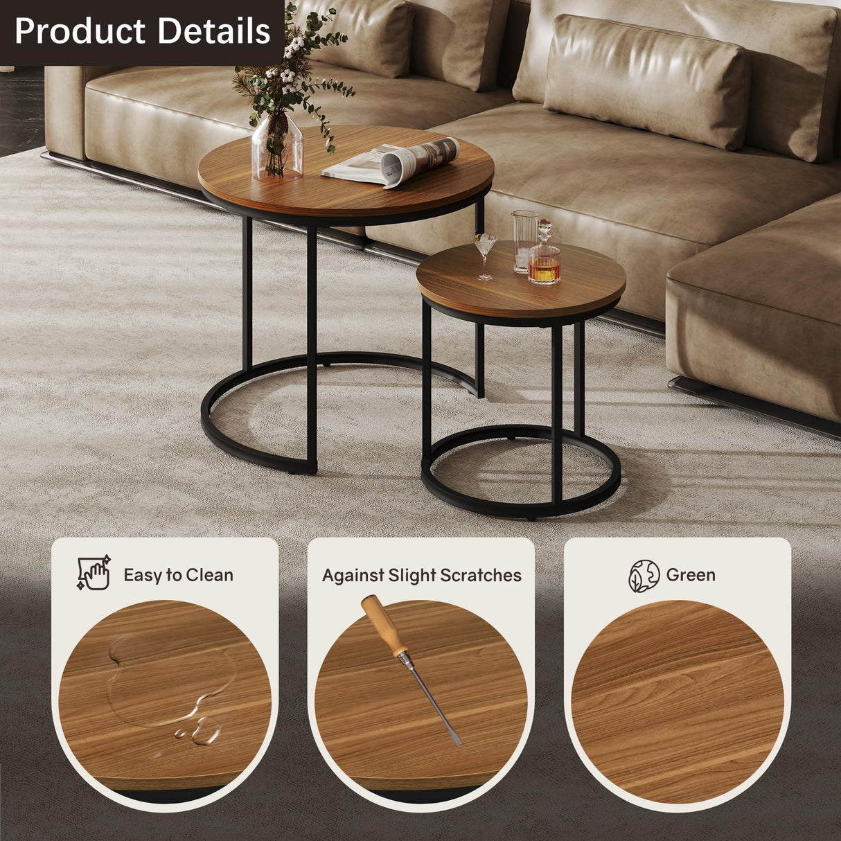 Otterease Nesting Tables Set of 2, Round Coffee Table, Small Nesting Coffee Table with Adjustable Non-Slip Fee, Wood Grain Top Nesting Tables for Living Room, Bedroom (Wood Grain Brown) Otterease