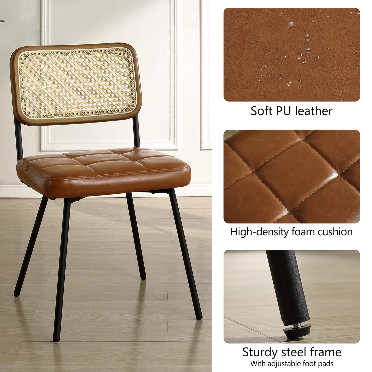 Art Leon Rattan Dining Chairs, Set of 2, Rubber Wood Frame, Mid Century Modern Dining Room Chairs with Rattan Woven Back, Faux Leather Upholstered Kitchen Chairs with Black Metal Legs, Yellow Brown Art Leon