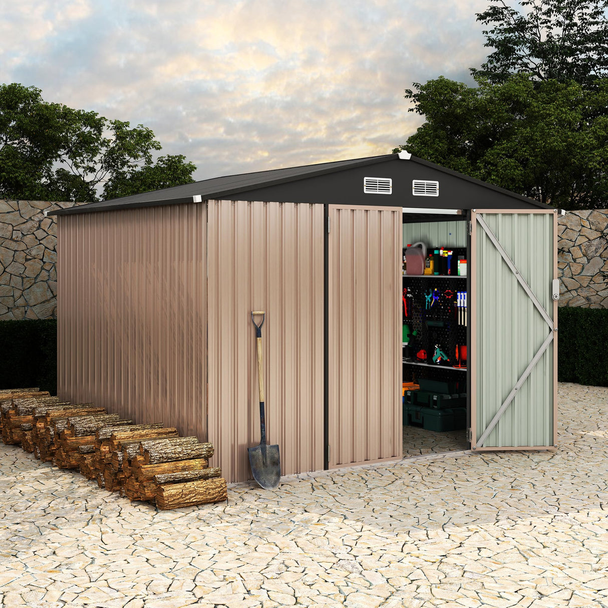 8x10 FT Metal Storage Sheds Outdoor, Metal Yard Sheds Garden Shed Kit, Tool Shed with Lockable Door, Utility Sheds Buildings with Air Vent for Backyard Garden Patio Lawn Reljofum