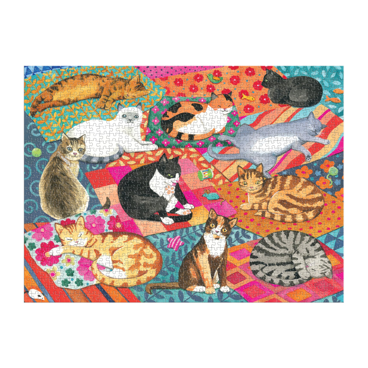 Galison Lounging Cats – 1000 Piece Jigsaw Puzzle Featuring Beautiful Artwork of A Variety of Feline Friends Lounging On Colorful Quilts Galison