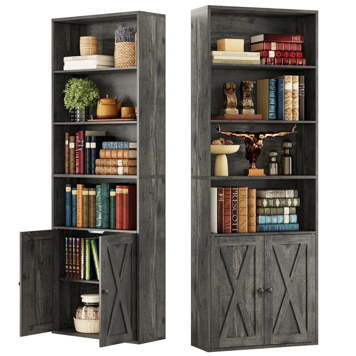 IRONCK Industrial Bookshelves and Bookcases with Doors Set of 2 Floor Standing 6 Shelf Display Storage Shelves 70 in Tall Bookcase for Home Office, Living Room IRONCK