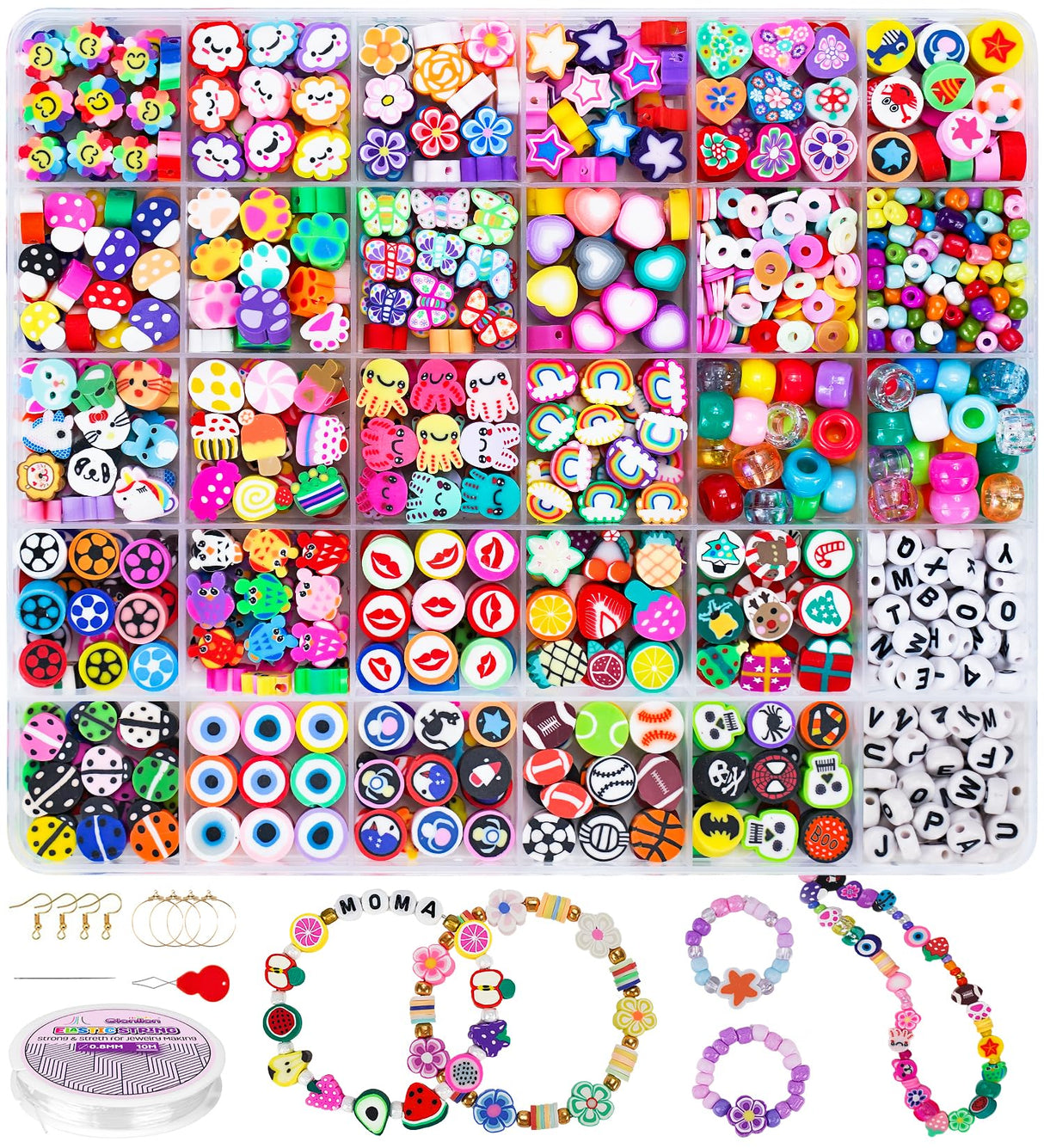 Gionlion 1000PCS Polymer Clay Beads Bracelet Making kit, 24 Style Cute Fun Fruit Flower Rainbow Butterfly Animal Heart Star Beads Charms for Jewelry Necklace Making Gift for Girls Kids Gionlion