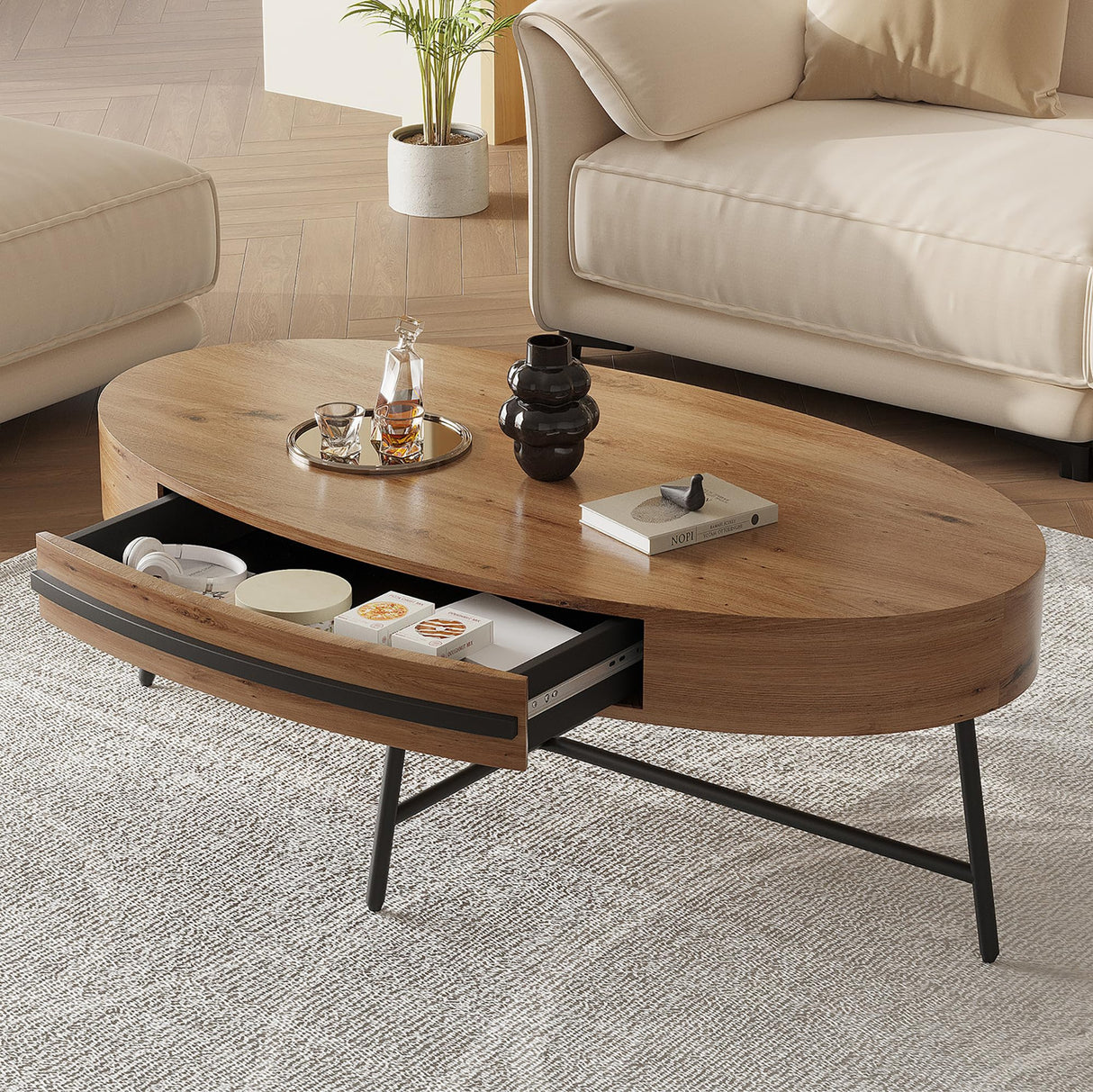 GarveeHome Oval Coffee Table with Drawer Mid-Century Modern Center Table 47.2“ Wooden Coffee Table with Storage and Cross Metal Legs Unique Curved Design for Living Room (Natural) GarveeHome