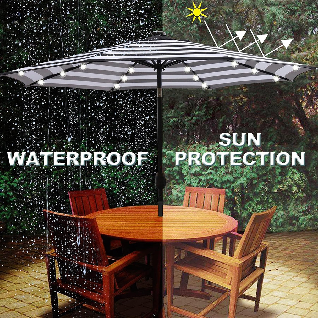 Blissun 9 ft Solar Umbrella 32 LED Lighted Patio Umbrella Table Market Umbrella with Tilt and Crank Outdoor Umbrella for Garden, Deck, Backyard, Pool and Beach (Black and White) Blissun