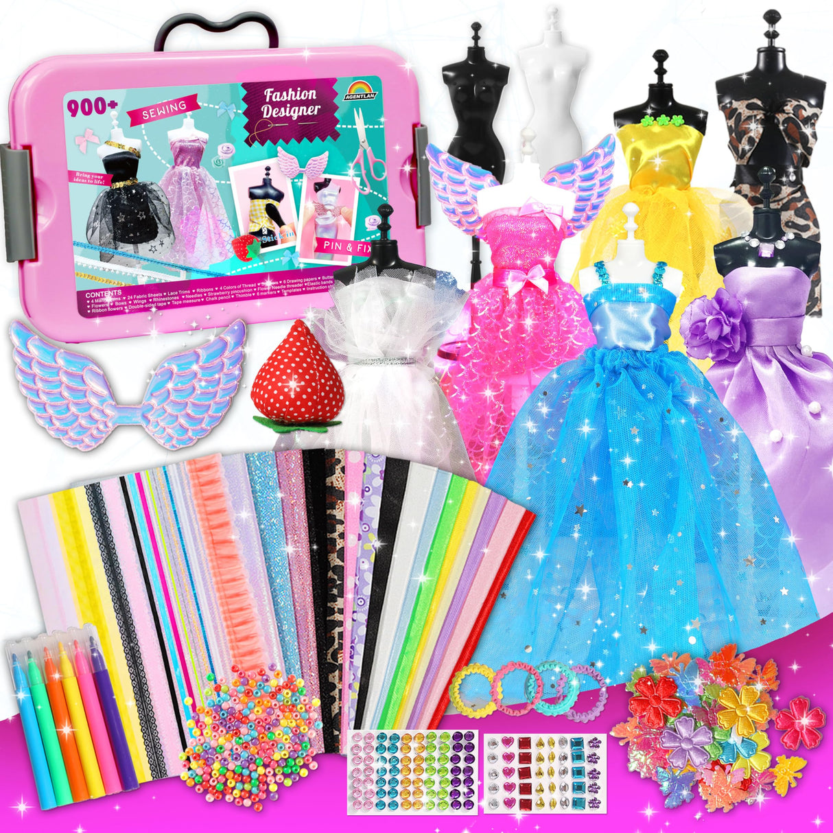 900+ Fashion Designer Kits for Girls with Mannequins-Kids Sewing Kits,Girls Fashion Design Gift,Arts and Crafts Kit,Girl Craft Activities Age 6 7 8 9 10 11 12 AGENTLAN