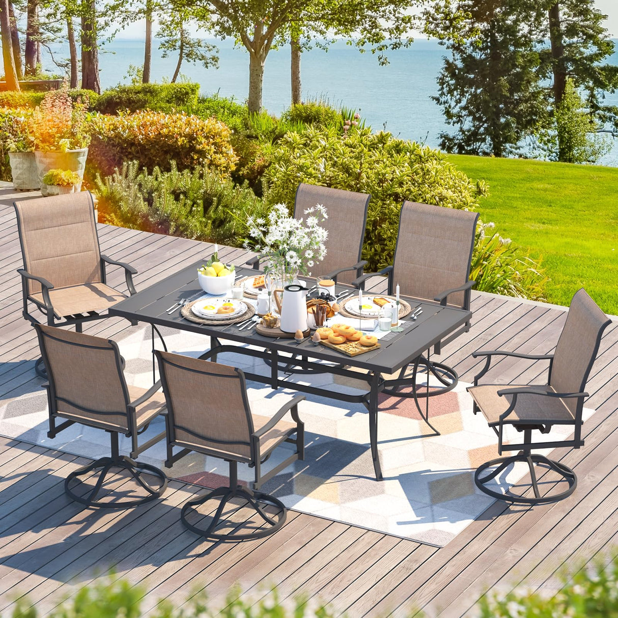 7-Piece Outdoor Patio Dining Set with 6 Swivel Rocker Chairs, Rectangular Metal Table with Umbrella Hole, 6-Person Patio Table and Chairs furniture for Backyard, poolside, Balcony and Garden Brown BUPPLEE