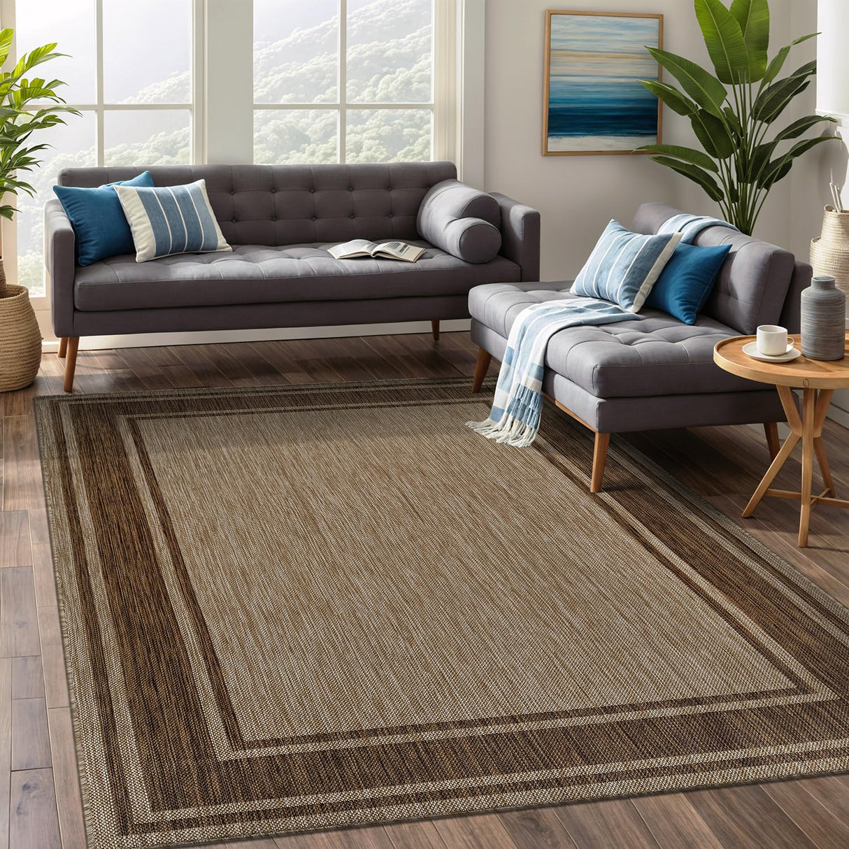 Beverly Rug Outdoor Rug 8x10 Modern Bordered Area Rugs for Indoor and Outdoor Patio Deck Porch Garden Waterproof Weather Sun Resistant Washable Outside Carpet (8 x 10 Jute) Beverly Rug