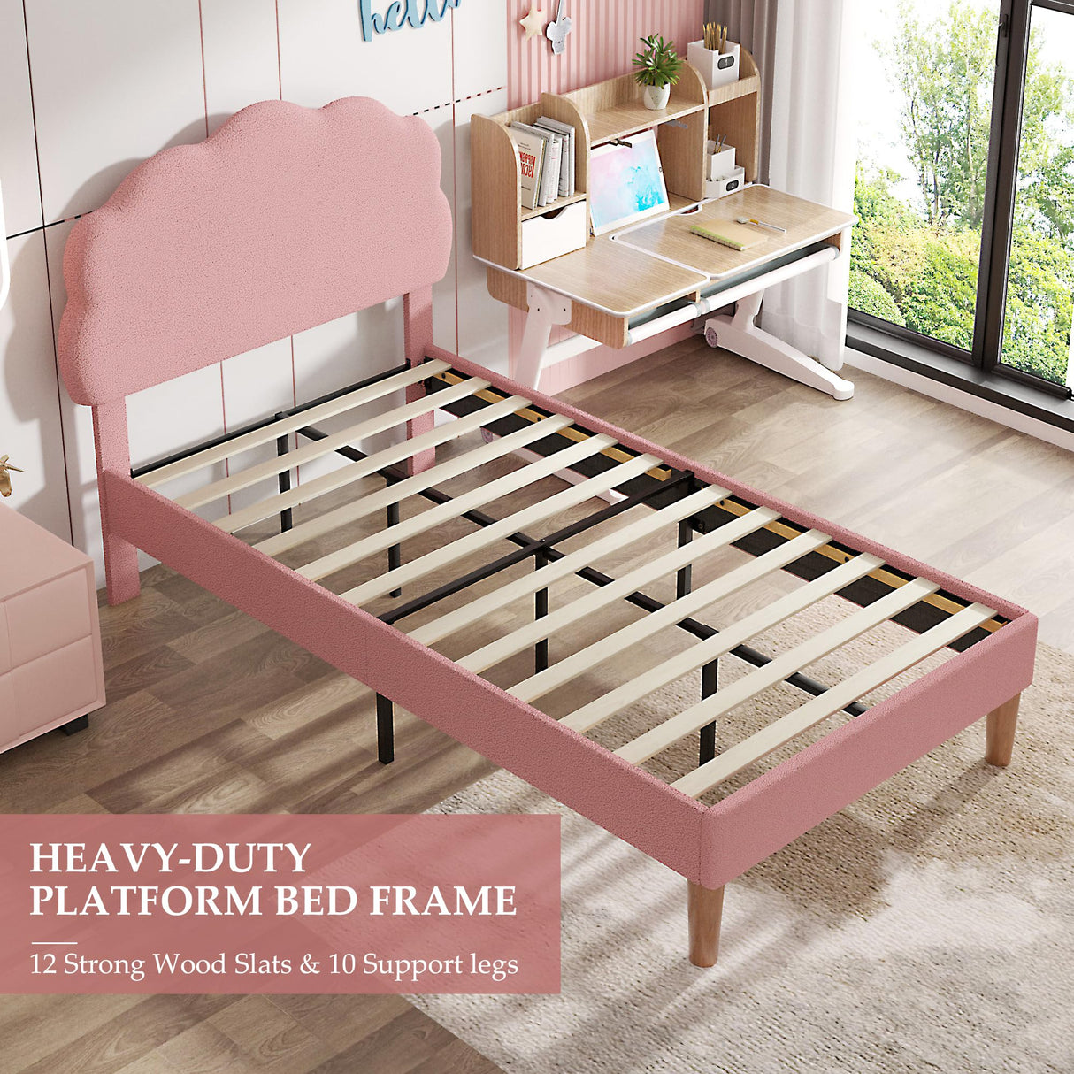 VECELO Twin Size Bed Frame, Upholstered Platform Bedframe with Height Adjustable Plush Fabric Headboard, Strong Wood Slat Supports, No Box Spring Needed, Pink VECELO