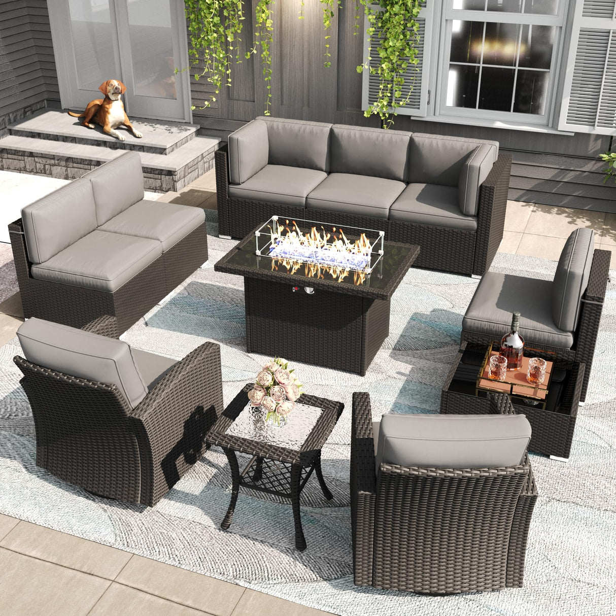 LayinSun 11 Pieces Patio Furniture Set with Fire Pit Table, Black Rattan Modular Sectional Outdoor Conversation Sofa Set, Swivel Rocking Chairs Set LayinSun
