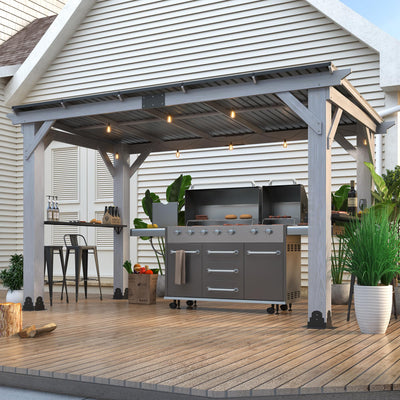 GARTOO 12.5'x6.5' Outdoor Grill Gazebo - Hardtop Cedar Wood Gazebo with 2 Side Shelves and Galvanized Steel Roof, Patio Wooden BBQ Pergola for Garden, Porch and Backyard