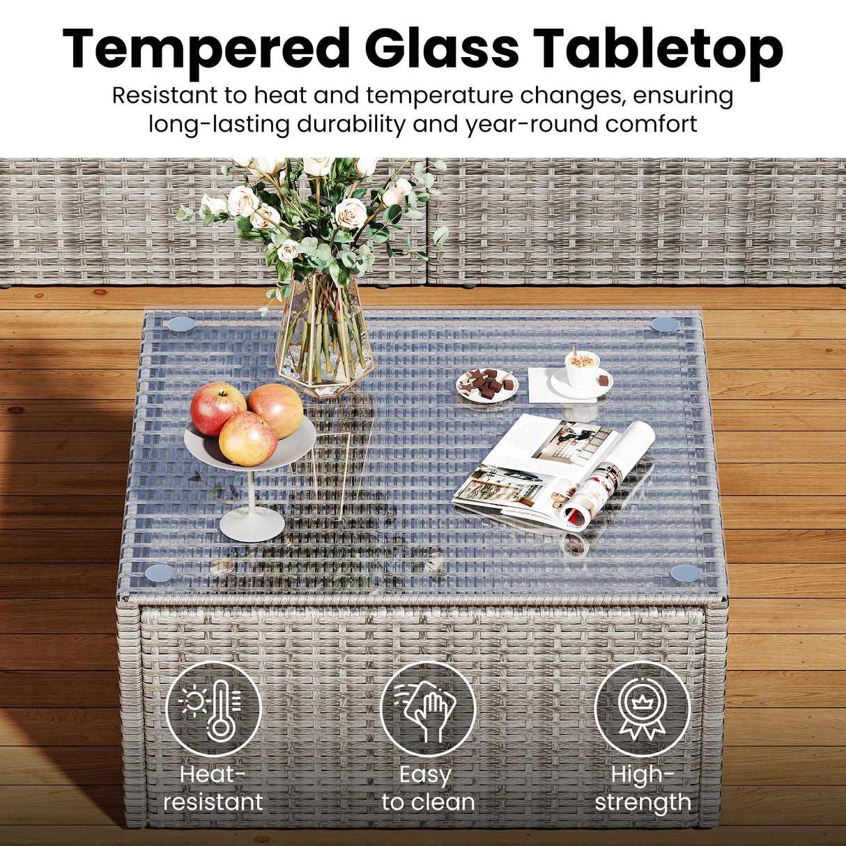 FansaFurn 7-Piece Modular Patio Furniture Set, Wicker Outdoor Sectional Sofa with Cushions and Coffee Table, All Weather Patio Conversation Sets for Porch Balcony Backyard, Beige FansaFurn