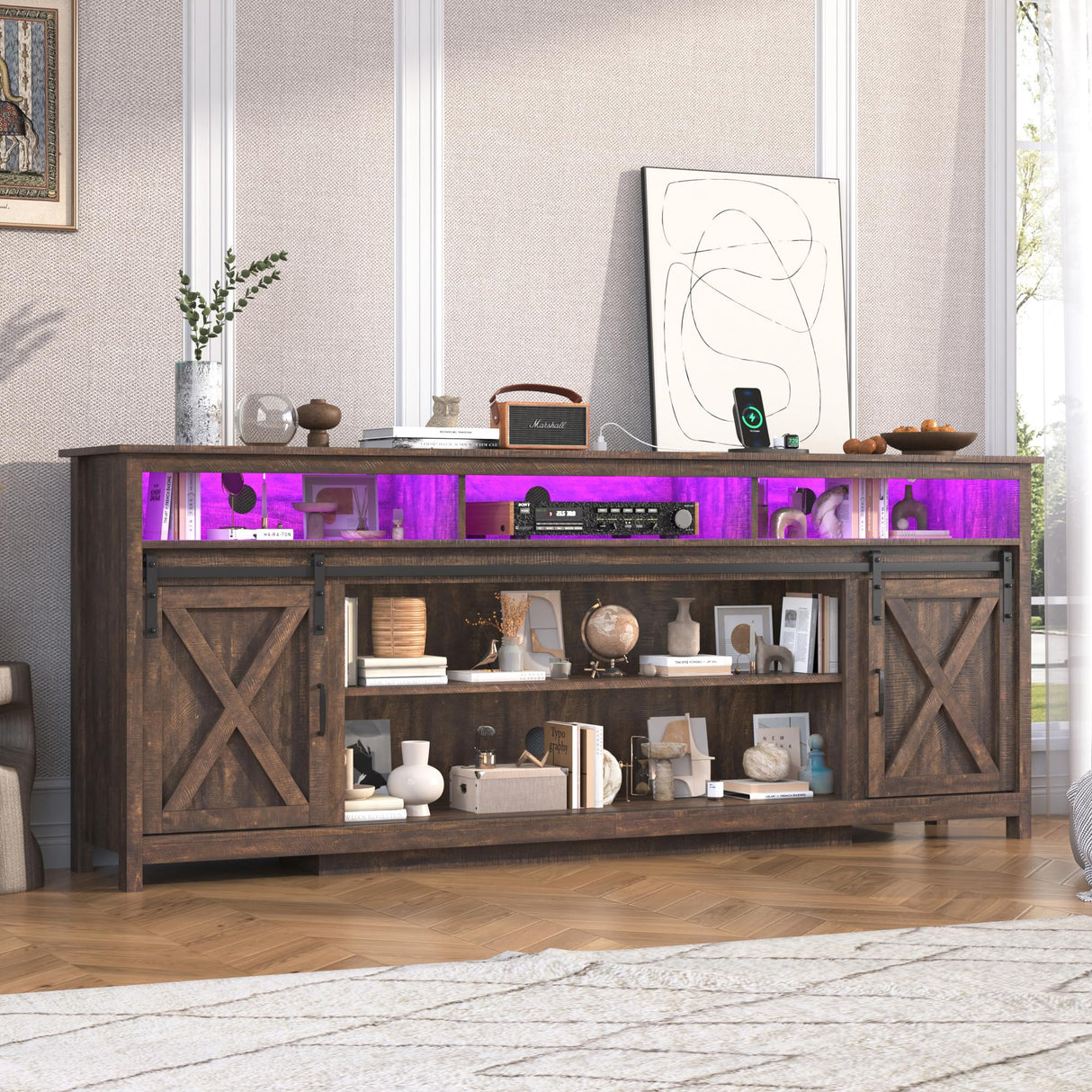 jiteentarou Farmhouse TV Stand for 90/85 Inch TV with Power Outlet, LED Entertainment Center with Storage and Sliding Barn Doors, Wood Media Console for Living Room, Brown jiteentarou