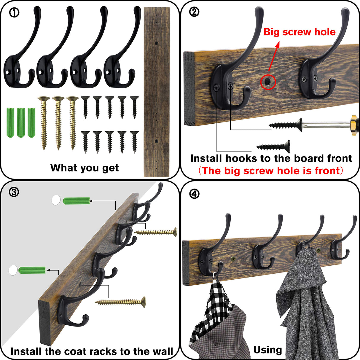IBosins Wall Mounted Coat Rack, Entryway Hanging , Metal Wood Rack with 4 Black Literary Rustic Hooks Rail for Scarf, Bag, Towel, Key, Cap, Cup, Hat (Brown) IBosins