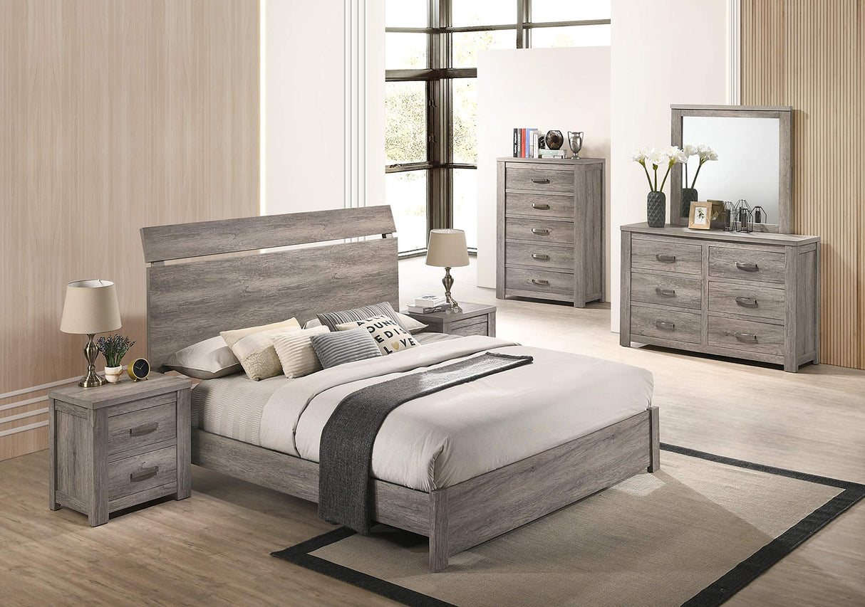 Roundhill Furniture Floren Contemporary Weathered Gray Wood Bedroom Set, Queen Panel Bed, Dresser, Mirror, Two Nightstands, Chest Roundhill Furniture