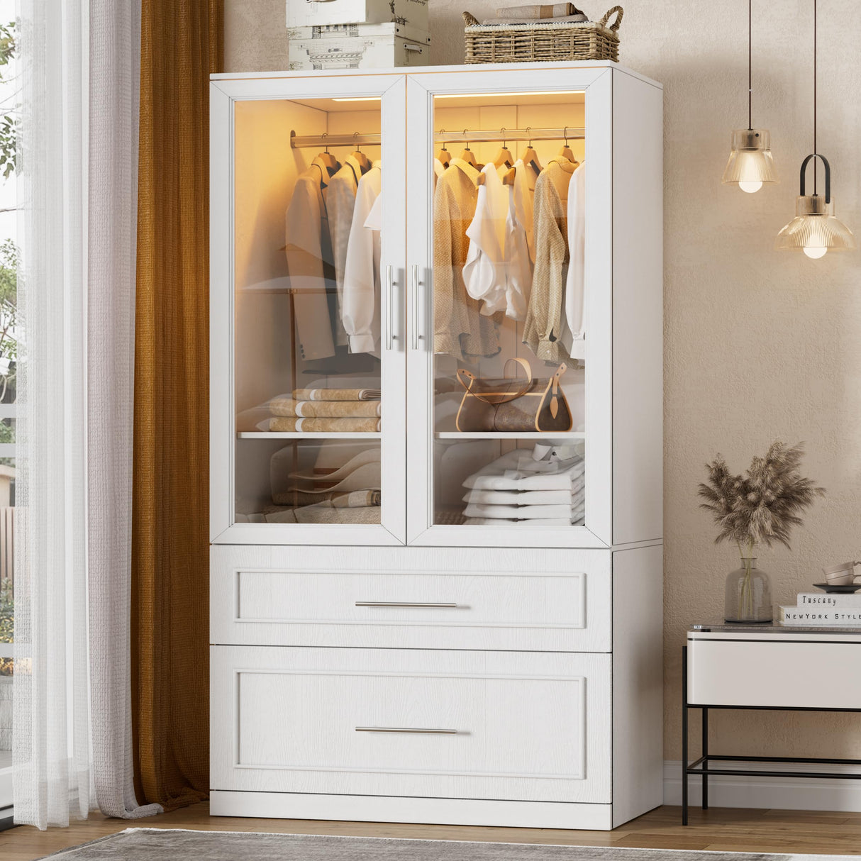 71" Tall Farmhouse 2 Doors Armoire Wardrobe Closet with 2 Drawers and LED, Wooden Armoire Storage Cabinet, Freestanding Closet Wardrobe Cabinet for Bedroom with Hanging Rod, Adjustable shelve(White) SDMY