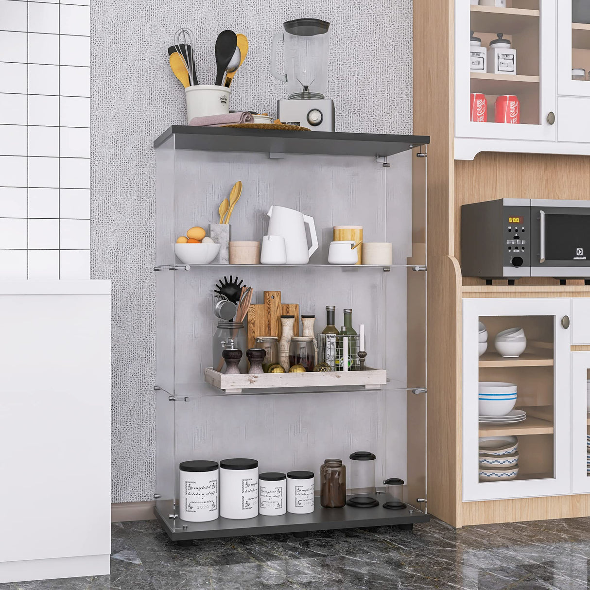 Yoluckea 3 Shelves Glass Cabinet with 2 Doors, Floor Standing Clear Glass Curio Cabinet Collection Display Case for Living Room Bedroom 49.49” x 31.77”x 14.37” Black Yoluckea